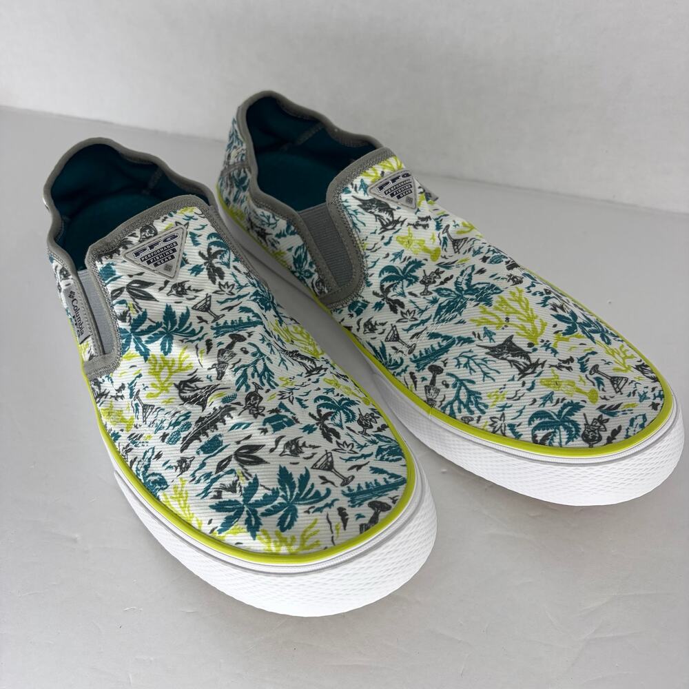 Columbia PFG Slack Tide Slip-On Sz 13 Tropical Fishing Print Boat Shoe